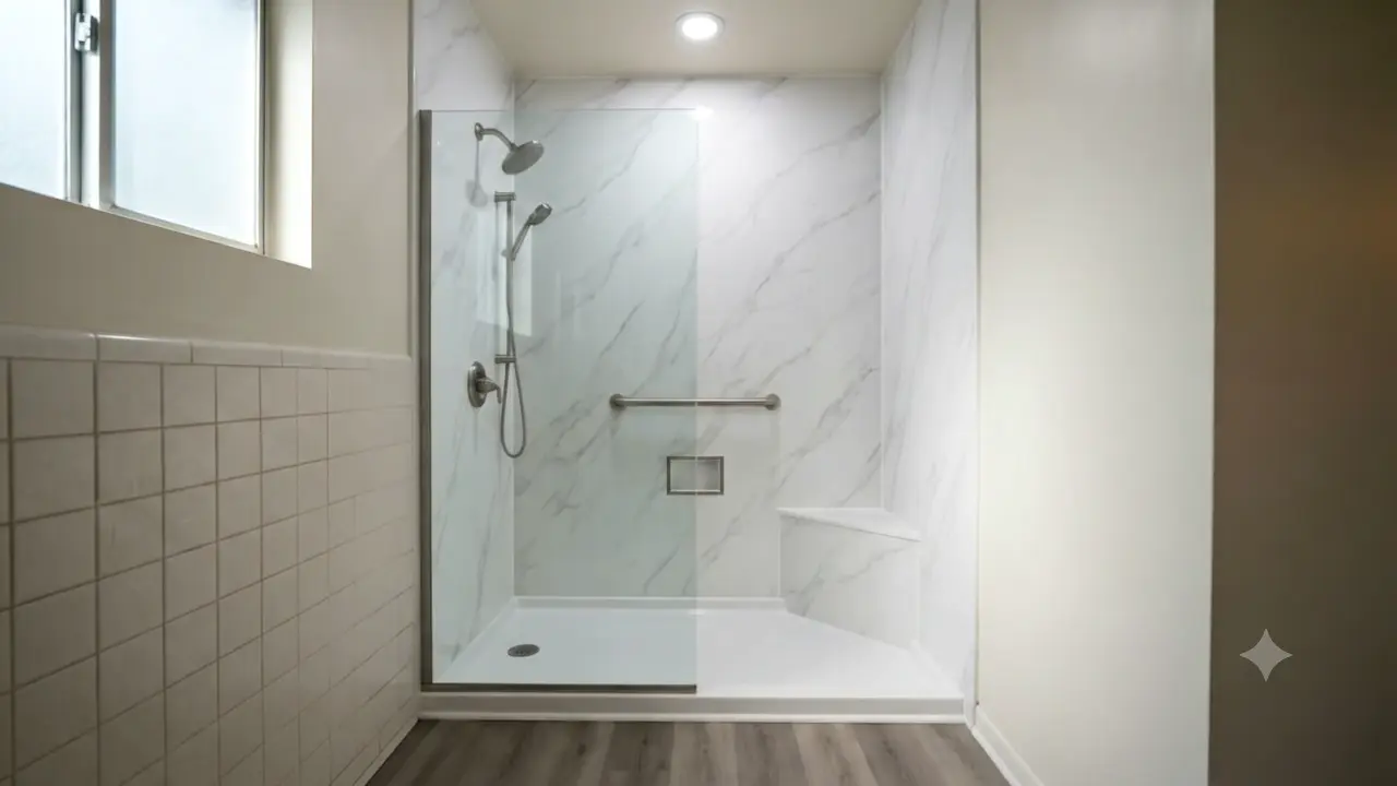 Modern glass walk-in shower, after remodeling